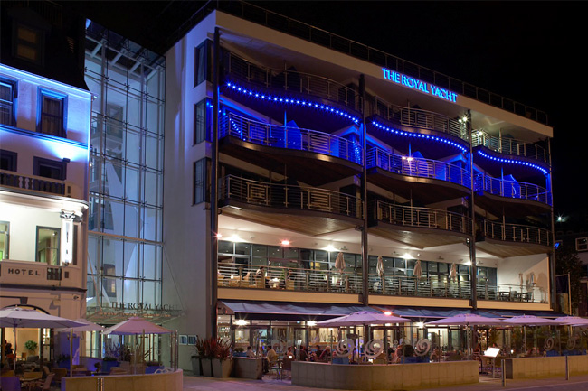 hospitality lighting project - exterior lighting, royal yacht hotel, jersey